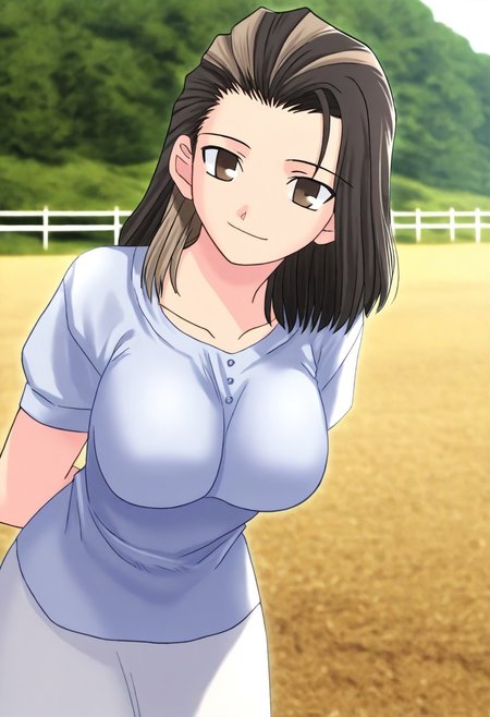 masterpiece, best quality, <lora:Tsukihime NXL:1>,solo,masterpiece, best quality, 
1girl, female focus, large breasts,  solo, brown eyes, thin brown highlights in hair, black hair, thin blonde highlights in hair, medium hair,wavy hair, hair part, side part, hair slicked back, small mouth, short nose, small nose, cute face, soft hair,
outdoor, farm, sunny day, head tilt, hands behind back, leaning forward, quarter view,  innocent smile, cheerful feeling, feminine, girlish, cute