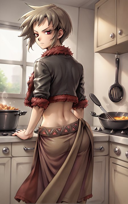 score_9, score_8_up, score_7_up, looking at viewer,  BREAK 
GAME_YuGiOh_AmazonessArcher_ownwaifu, 
1girl, midriff, brown hair, red eyes, navel, short hair, small breasts, spiked hair, sidelocks, jacket, fur trim, pelvic curtain,
(looking back, from behind, back), cooking, frying pan, kitchen, indoors, <lora:PONYXL_YuGiOh_AmazonessArcher_ownwaifu:0.8> , depth of field, solo,