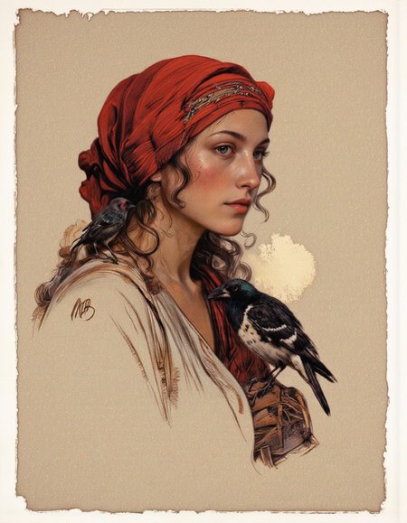 Art by Thomas Haller Buchanan.
A digital illustration shoot from a profile camera angle about a woman with a red turban and a black bird, set against a textured, beige background. the image also shows a serene expression. on the middle of the image, a woman, who appears to be in her late 20s, is facing the viewer, with her blue eyes looking to the side. she is wearing a red headscarf and has long, curly hair. on her right shoulder, a black and white bird is perched on her shoulder. the woman has a calm and contemplative expression, with a slight blush on her cheeks. the background is a soft, textured beige color with a rough, uneven texture, giving the image a vintage feel. the artist's signature is visible in the bottom left corner, adding a personal touch to the image.