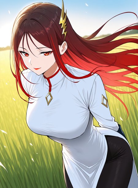 <lora:Jin_Mulan__Ultimate_Son-in-law__Illustrious:1>
1 girl, solo, long hair, red hair, gradient hair, straight hair, hair behind back, side bangs, hair ornament, golden accessory, red eyes, lipstick, 
white dress, high collar, red trim, diamond-shaped brooch, long sleeves, black sleeves, asymmetrical outfit, side slit, black leggings, tight pants, black shoes, diamond pattern on sleeves, lightning-shaped hair ornament, bodycon outfit,
score_9, score_8_up, score_7_up, very aesthetic, source_anime, detailed, high quality, beautiful, masterpiece, detailed eyes, field, blurry background, pose dynamic angle, upper body, cowboy shot, light smile, floating hair, half-closed eyes, hands behind back, leaning forward, looking forward, looking at viewer