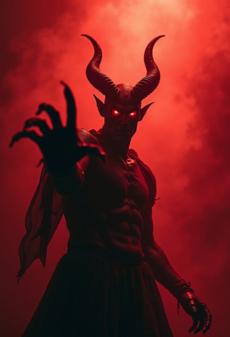 An evil hideous horned demon Lord of the Damned Master of the Dead  stands in dim red gradient light staring at viewer and motioning to come closer, its presence both commanding and terrifying. Its fiery red evil eyes, sharp and calculating, pierce through the very soul of who dares meet its gaze. In the misty smoky background twisted shapes of horrible writhing demons perform a bizarre macabre dance of death. The viewer can tell his soul now forever belongs to the demons that beckon him and will never release him from their grasp.