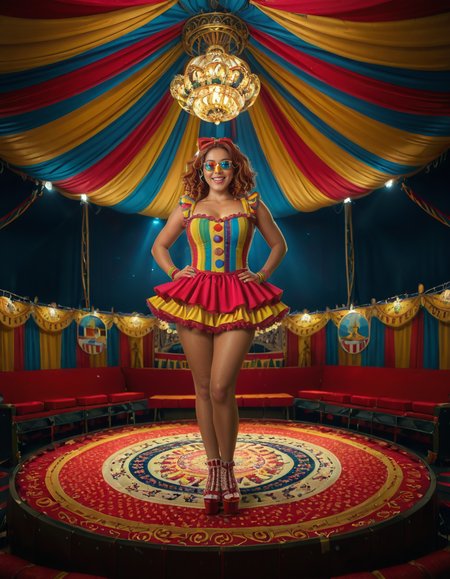 focus on woman face,rating_safe,A vibrant and colorful scene inside a grand circus tent,grand c1rcus, featuring a woman dressed as a whimsical clown. She is wearing an elaborate costume with a mix of bold patternsâred and white stripes, polka dots, and bright yellow accents. Her hair is styled in playful, oversized curls, dyed in shades of blue and pink. She is standing center stage, under a spotlight that casts a warm glow, making her sequined outfit sparkle. Her pose is dynamic and engaging, as if she is about to perform a trick or joke, with a wide, inviting smile. The background showcases the lively atmosphere of the circus, with colorful banners, a large audience in shadowy rows, and hints of other performers or props like juggling pins or unicycles. The overall lighting is bright and cheerful, emphasizing the magical, festive mood of the circus.<lora:SDXLFaeTastic2400:0.4> <lora:extremely_detailed:0.4> extremely detailed, <lora:grand_c1rcus:1>, Masterpiece,best quality,hi res,8k,hi res,8k,award winning,(sharp focus, intricate, highly detailed),