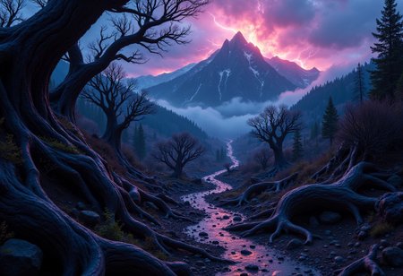 A highly detailed, cinematic image of an eerie, almost ethereal landscape of Petrified Woods. lightning storm, in deep shades of violet and indigo, with a hint of pink and orange. The ground appears to be carved out of massive tree trunks, twisted and contorted into bizarre formations, creating a surreal landscape unlike any other. The Petrified Woods glow with an otherworldly light, casting long shadows across the terrain. In the distance, a towering mountain range rises, its peaks shrouded in an unnatural fog.  The ground is littered with broken tree trunks. The air itself feels heavy and still, as if time has come to a standstill in this strange Petrified Woods .,  close up, dark sci-fi, hyper realism, UHD, photography, cinematic