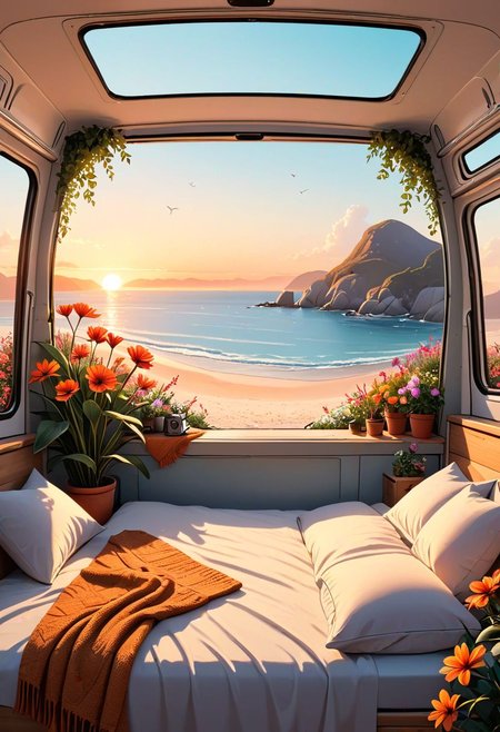 inside a cozy campervan, comfy bed and warm blanket, plants, flowers, decoration, view from the back on quiet beach, sunrise, peaceful, vibrant colors, lineart