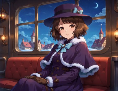 score_9,score_8_up,score_7_up,1girl,solo,sitting,looking at viewer,on the train,night train,window,steampunk,night sky,town,
<lora:nagatomihasumi_ponyXLV6:0.8>,cgnhs,
brown hair,short hair,brown eyes,
hat,earrings,purple capelet,fur-trimmed capelet,blue bowtie,purple dress,gloves