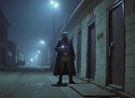 {"T5": ",A highly detailed photograph of a Tusken Raider from Star Wars, standing in a foggy, deserted street with flickering streetlights and dilapidated buildings. The Tusken Raider wears a long, dark coat and holds a flashlight, positioned in front of a large, dark door. Their expression is one of determination and fear, with a sad undertone. The image is captured from a slightly low angle, looking up at the Tusken Raider, emphasizing their imposing figure. The composition follows the rule of thirds, with the Tusken Raider placed off-center, their eyes aligned with the top third line. The fog swirls around them, partially obscuring the background, and the streetlights cast long shadows across the wet pavement.,", "CLIP-L": ",Tusken Raider, Star Wars, foggy deserted street, flickering streetlights, dilapidated buildings, long dark coat, flashlight, large dark door, sad expression, determination, fear, highly detailed photograph, detailed skin textures, detailed face, detailed eyes, modestly dressed, covered from shoulder to ankle, low angle, rule of thirds, golden ratio, imposing figure, swirling fog, wet pavement, long shadows,"}
<lora:Tusken_Raiders_-_Star_Wars_Flux:1.0>