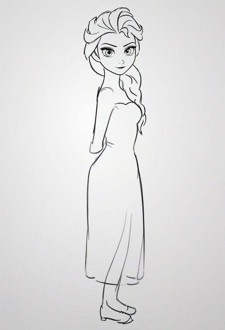 frozen girl , Elsa  , side view  , upper body  , sketch ,greyscale  , face shot , looking at viewer , pencil sketch , scanned , black , simple , full body , dress