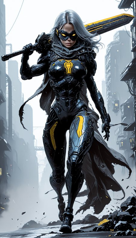 holding weapon, fighting stance, holding  buster sword,huge weapon,, WCG-Illu,, kaarea masterpiece, best quality, high quality, ultra-detailed, realistic,  traditional media, vivid_color, high contrast, speed lines, move_effects, action Create a detailed digital artwork of a futuristic armored figure standing in a desolate, industrial setting. The figure is clad in sleek, dark metallic armor with a cross emblem on the chest and a flowing cape that billows behind them. The armor is adorned with various mechanical components, and the figure wields a long, sharp weapon with a metallic sheen. The background is a muted gray, with a structure that appears to be part of a larger industrial facility, and there are yellow and black stripes on the ground. The overall color palette is dominated by shades of gray, black, and silver, with splashes of white and yellow. The style of the artwork leans towards a cyberpunk or dystopian theme, with the figure exuding a sense of readiness and vigilance. 1girl, solo, long_hair, breasts, holding, full_body, white_hair, weapon, sword, holding_weapon, armor, mask, bodysuit, holding_sword, science_fiction, walking, over_shoulder, cyborg, weapon_over_shoulder, cyberpunk,    holding weapon, fighting stance, holding  buster sword,huge weapon,, WCG-Illu,, kaarea