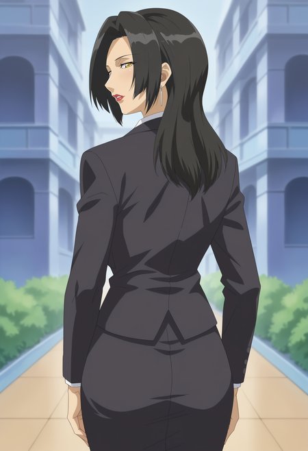 <lora:Hijiri_Kanata-Girls_Bravo:0.8>1girl,solo,Hijiri Kanata,long hair,black hair,yellow eyes,lipstick,earrings,mature female,formal,jacket,pencil skirt,suit,from behind, back,looking back, looking at viewer, light blush, parted lips, outdoors,cowboy shot,