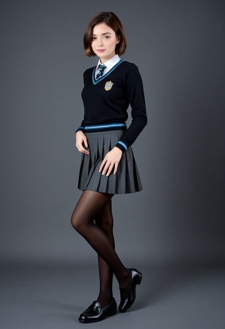newest, masterpiece, best quality, 4k,
black background, very aesthetic, detailed background, full body,standing on one leg,
1girl, ,solo, brown eyes, brown hair, short hair,<lora:hogwarts_uniforms:1>ravenclaw,black sweater, pleated skirt, grey skirt, pantyhose, black loafers, blue necktie, striped necktie, blue trim, bronze trim, emblem