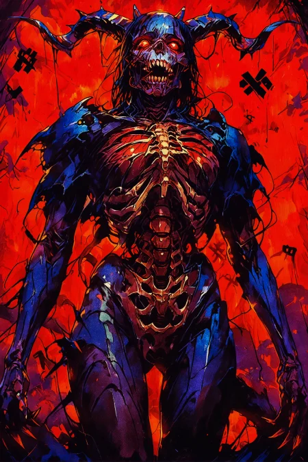 masterpiece, best quality, absurdres, retro artstyle, knva, bloom, high contrast, detailed texture, retro illustration, vibrant metallic colors, Matte_Painting,,impressionism, very aesthetic, dark fantasy, creature, demon, skeletal figure, blue skin, red eyes, horns, glowing eyes, muscular physique, sharp claws, red background, dark atmosphere, gothic style, horror theme, eerie, supernatural, menacing, detailed textures, sharp teeth, menacing expression, skeletal structure, glowing elements, shadowy figure, ethereal, otherworldly, intense colors, contrast, menacing posture, standing pose, digital painting, horror art, dark fantasy creature, surreal, haunting, mysterious, dramatic lighting, high contrast, detailed shading, horror illustration, fantasy art, eerie glow, glowing outlines, intense colors, horror theme, supernatural being, dark fantasy creature, menacing presence, gothic horror, dark fantasy art, horror illustration, dark aesthetic, dark fantasy genre.,