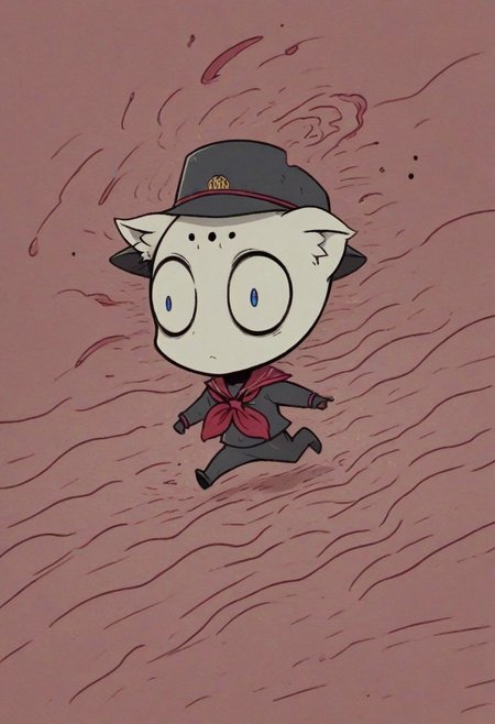 (solo:1.2),1mutant, white skin, red Circle Eye, hidden mouth, hyena ear, no humans, Red Tam O Shanter Hat, red neckerchief, drill hand, running, school at Cairo, Blood_Covered, neonnightmare, 2d, flat illustration, cosmic horror, Style of MFKZ and Fujiko Fujio