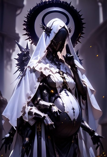 ((Realistic)), (score_9, score_8_up),((Pregnant)), score_7_up, ((wings)), 1girl, jewelry, hood, necklace, armor, mask, halo, helmet, cross, (crown), veil, cloak, spikes, robe, covered face, al13ng0d, solo, veil, black skin, hood up, (((huge breast, saggy breast))), ((mcnm)), (blurry background), dark, CINE, (embers:1.4),
,
Break
((4arms, 4arm)), hand gesture, depth of field, hand gesture, dark and moody lighting, ruins, cathedral,
 <lora:unholy-000009:0.75>   <lora:CINE-000008:0.5>  <lora:add-detail-xl:-1> <lora:EnvyBetterHiresFixXL01:0:hr=1>