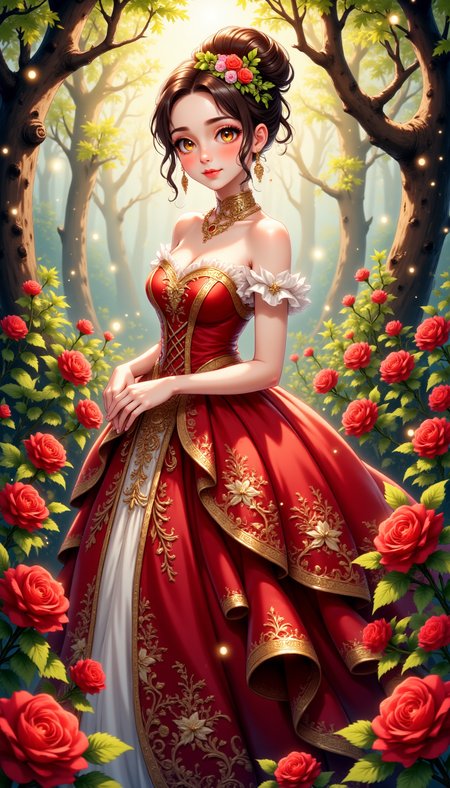 pinkmysticanime,
Rose Garden Princess: A princess with chestnut brown hair styled in a voluminous bun, with small roses and vines framing her face. She wears a romantic red and gold gown with intricate rose-patterned embroidery and a long, flowing train. The background is a lush, enchanted rose garden, with glowing fireflies and soft sunlight filtering through the trees.
