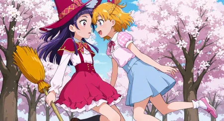 <lora:mahoutsukai_precure_all_in_one_illustXL_locon_v1:0.7> masterpiece, best quality, absurdres, very aesthetic, general, 2girls, cherry blossoms, outdoors, nature, from side, spring (season), tree, 
izayoi liko, magic school uniform, mgcschl uniform, purple hair, blunt bangs, shiny hair, sidelocks, long hair, straight hair, purple eyes, pink eyes, eyelashes, eyebrows visible through hair, witch hat, red headwear, hat bow, pink bow, plaid bow, red bow, bowtie, pink neckwear, plaid neckwear, red neckwear, capelet, white shirt, collared shirt, long sleeves, frills, red skirt, frilled skirt, high-waist skirt, suspender skirt, black socks, frilled legwear, black legwear, mary janes, pink footwear, broom, holding broom, floating, :d, flying, sweatdrop, surprised, looking at another, eye contact, 
asahina mirai, casual, blonde hair, short hair, half updo, shiny hair, braid, hair bow, pink bow, eyebrows visible through hair, purple eyes, eyelashes, pink shirt, collared shirt, plaid shirt, blouse, puffy short sleeves, blue skirt, high-waist skirt, miniskirt, pink ribbon, neck ribbon, pink neckwear, white legwear, white socks, pink footwear, footwear bow, profile, smile, open mouth, talking, looking at another, eye contact, standing on one leg,