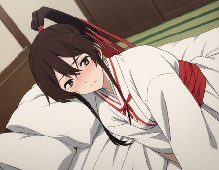 score_9, score_8_up, score_7_up, source_anime,
sagiriyamadaasaemon, <lora:sagiri-yamada-asaemon-s1-ponyxl-lora-nochekaiser:1>,
sagiri yamada asaemon, long hair, black hair, ponytail, high ponytail, brown eyes,
japanese clothes, kimono, hakama,
indoors, bed, bed room, on side, blush, drunk,
solo, dutch angle, looking at viewer, cowboy shot,