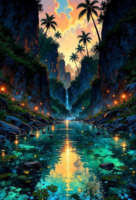 Caribbean Hidden Lagoon – Waterfall Cave & Glow of Sunset
"A hidden lagoon deep in the Caribbean jungle, where a narrow waterfall spills from a high rock face into a crystal-clear pool. The setting sun casts golden light through the treetops, making the water shimmer with soft blues and purples. Tall palm trees sway gently, their reflections dancing on the water’s surface, while small ripples lap against the smooth stone edges of the oasis."