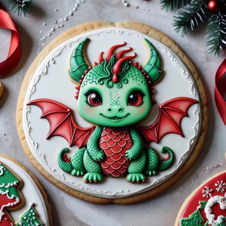 cookie art design, cookie decoration,solo cookie,(flat art), dragon, chibi, wings, red and green scales, christmas cookie