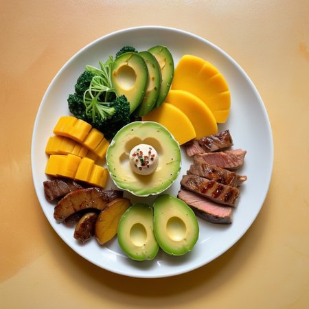 avocado,Generate a realistic photo of a neatly arranged, healthy fitness meal, consisting of a generous portion of meat, slices of mango, and a variety of vegetables. The ingredients should be displayed in an organized manner on the plate, emphasizing the harmony of colors and textures. The meat should be succulent and well-seasoned, but without any black pepper. Vegetables should add a fresh and vibrant green to the composition, creating a visually appealing contrast with the yellow of the mango and the rich color of the meat. The presentation is key, with each component of the meal having its distinct place on the plate, showcasing a balance of nutrition and aesthetics, <lora:fitfood:0.8>,fitfood