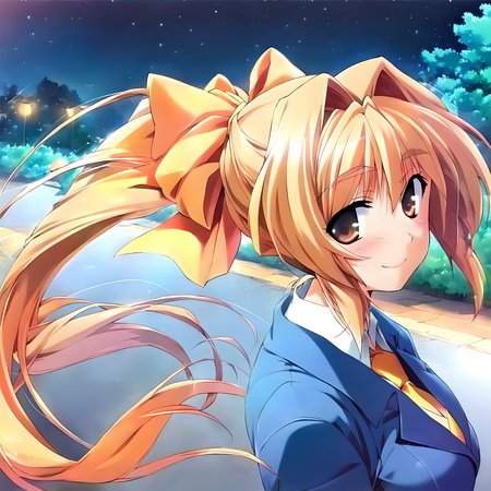<lora:pony_xl_rumi:0.8>,rumi,score_9,score_8_up,score_7_up,source_anime,1girl,solo,orange hair ribbon,ponytail,blue suit,long_sleeves,white collared shirt,yellow tie,night,starry_sky,road,lamppost,smile,kind_smile,;d,blush,looking_at_viewer,from_side,upper_body,walking together,
