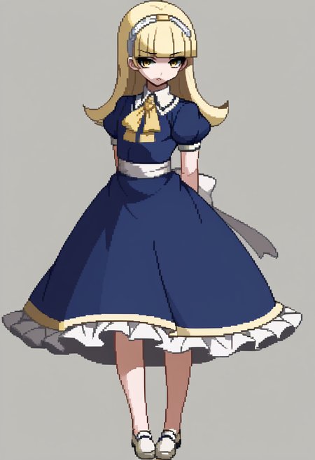 score_9, score_8_up, score_7_up, source_anime, BREAK, solo, 1girl, looking at viewer,  <lora:Under-Night-In-Birth-SpritesV2-pdxl_Fp:1>, simple background, full body, standing, <lora:zs_AliceXL:1>, alicesmt, dress, long hair, blonde hair, hairband, blunt bangs, puffy sleeves, blue dress, yellow eyes, arms behind back,
