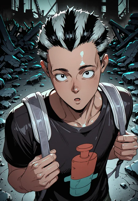 masterpiece, best quality, newest, absurdres, highres, very awa, 1boy, male focus, fujita \(dorohedoro\), solo, :o, from above, upper body, holding strap, very short hair, portrait, black shirt, t-shirt, looking at viewer, black smoke, backpack, scenery, foreshortening, emphasis, debris, ruins, broken, rubble, dark, dim lighting, 3d, shiny skin
