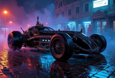 A futuristic brutal black car with an ornate, gothic-inspired design, resting on a wet street, illuminated by neon reflections on the rain-soaked cobblestones. The custom-made vehicle boasts a streamlined body with large, bold, low-profile wheels that exude power and precision. Its intricate massive metallic details feature sculpted ornamentation, blending gothic elegance with high-tech futurism. Dramatic lighting cuts through the foggy night, casting long shadows and creating a striking color contrast of glowing neon blues and purples against the sleek black surface of the car. The scene combines gothic sci-fi with Renaissance aesthetics, framed as a masterpiece painting of futuristic high-tech beauty.,deep contrasting shadows, gloss,    
detailed,vibrant,colorful,color contrast,(dramatic lighting),Picture-perfect image, fog,light particles,expressive,cinematic,((no humans)),UHD,absurdes,visionary,scifi noir.crimson, yellow and purple,close-up,zoomed,centered