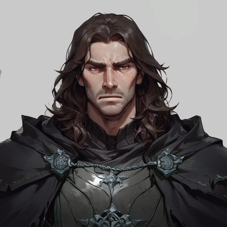 score_9, score_8_up, score_8, score_7_up, score_7, score_6_up, score_6, score_5_up, Score_5, 1boy, dark brown hair, (long hair:1.1), dark brown eyes, warrior aesthetic, black armor, male focus, solo, portrait, village background, fantasy, (fur-trimmed cloak:1.1), black cloak, black armor, strong, manly, strong jawline, pale skin, stubble, arm0rs3nt1n3l, thick body, looking at viewer <lora:Concept Art Twilight Style SDXL_LoRA_Pony Diffusion V6 XL:0.8> <lora:ArmorSentinelV2:0.6> <lora:IncaseLycoXL:0.6> <lora:VoxMachinaPony200:0.2>