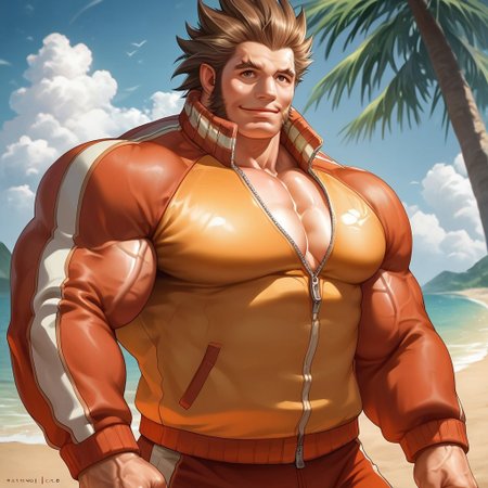 safe_pos, safe_pos, source_anime, detailed background, (score_9, score_8_up, score_7_up), zoroj, masterpiece, best quality, high quality, ultra detailed, highly detailed, high detail, artistic lighting, (highly detailed face, (perfect face, perfect eyes)), depth of field, perfect soft lighting, best shadows, perfect reflections, volumetric, detailed image, high resolution, defined faces, sharp definition,

solo, 1boy, male focus, Will Powers, brown eyes, brown hair, spiked hair, long sideburns, closed track suit, no nipples, musclebears, muscular male, bara, veiny muscles, large male,

beach, palm trees, dynamic poses, various poses, cowboy shot, standing, looking at viewer, smile,