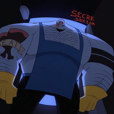 score_9, score_8_up, score_8, BREAK absurdres, 4k, 8k, masterpiece, Greg, muscular male, 1boy, solo, large muscles, apron, red eyes, scars, tattoos, facial hair, chest hair, gloves, pants, massive pectorals, looking down, looming over viewer, teeth, smiling, grin, dynamic angle, dynamic pose