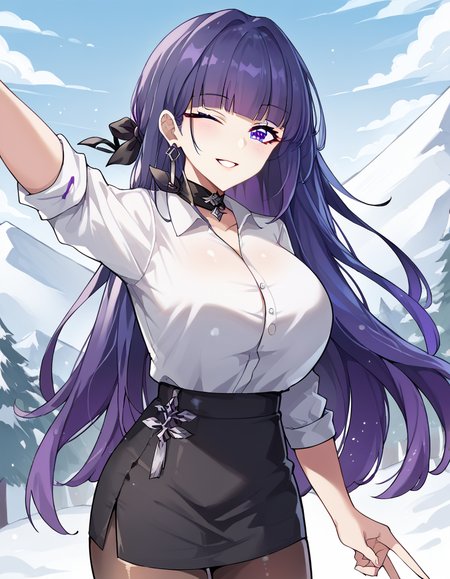 score_9, score_8_up, score_7_up, source_anime, <lora:raiden-mei-office-lady-ponyxl-lora-nochekaiser:1>, raiden mei, long hair, purple hair, bangs, purple eyes, blunt bangs, bangs, gradient hair, hair ribbon,, office lady, white shirt, shirt, pantyhose, skirt, black skirt, long sleeves, large breasts, choker, black choker, sleeves rolled up, mountain, rock, height, snow, trees, smile, <lora:selfie-outstretched-arm-ponyxl-lora-nochekaiser:1> selfie, arm up, foreshortening, looking at viewer, outstretched arm, reaching, reaching towards viewer, v, parted lips, one eye closed, cowboy shot, looking at viewer, solo,, dutch angle, cowboy shot