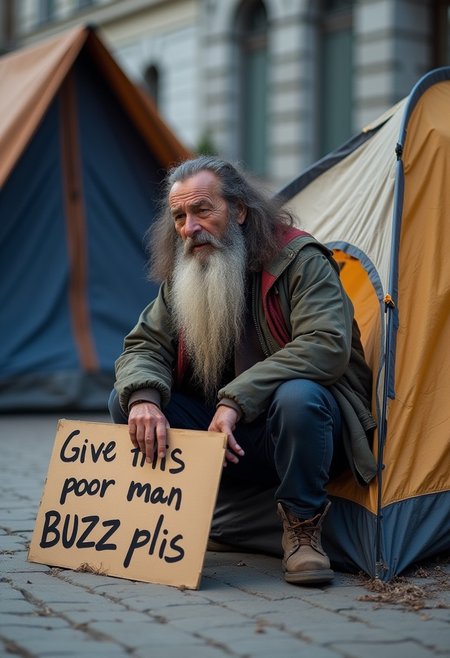 A homeless man cry with a long beard and long hair, sitting on the side of a street corner next to a make-shift tent, a cardboard sign is placed next to him that reads "Give this poor man BUZZ plis"