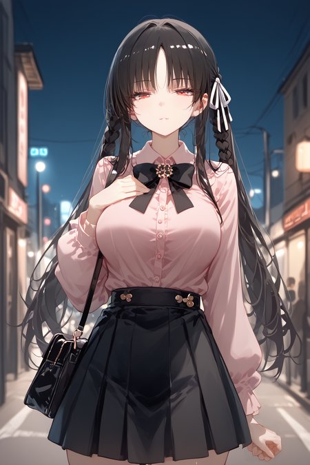 score_9, score_8_up, score_7_up, score_6_up, source_anime,<lora:RLI 0.2v:1> rli,(solo,leggy,five fingers,cowboy shot:1.3),(outdoor,night,evenig,alleyway,blur background),
curvy, curves, curvy body, 1girl, breasts, solo, bag,long hair, arm behind back, large breasts,hands on own chest,<lora:jirai kei_pony_V1.0:1.5>(jirai kei), bow, black mouth mask,twintails,pink shirt,black skirt,thighhighs, red eyes,shoulder bag, , parted lips, standing, expressionless,  <lora:suzune-horikita-ponyxl-lora-nochekaiser:1> suzune horikita, black hair, red eyes, hair ribbon, braid,  closed mouth, eyes squinting, half closed eyes,smug