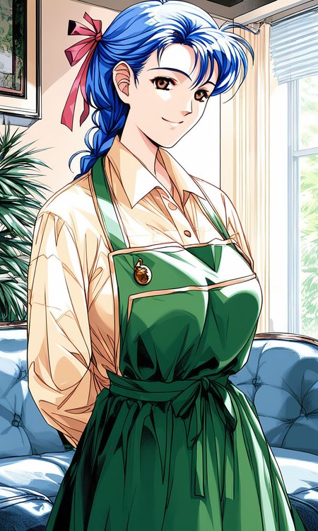 score_9, score_8_up, score_7_up, source_anime, rating_explicit, BREAK  <lora:Narusawa_Misako_XL:1> NarusawaMisako, blue hair, short hair, brown eyes, large breasts,
1girl, solo, green apron, braid, skirt, looking at viewer, shirt,  Yellow long sleeves, hair ribbon, ribbon, smile,ãarms behind backâ,
indoors, couch, shirt, looking at viewer,  long sleeves, skirt, smile, collared shirt