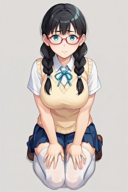 score_9, score_8_up, score_7_up, source_anime, rating_safe, intricate details, anime screencap, official style, <lora:PONY_Megumi:1>, megumi, aqua eyes, glasses, black hair, twin braids, large breasts, pleated skirt, blue skirt, short sleeves, pleated skirt, sweater vest, cowboy shot, blush, hands on thighs, feet, embarrased, looking at viewer, hair over shoulders, frontal view, simple background, full body, kneeling, sitting, white thigh highs, <lora:sdxl_lightning_8step_lora:1>, five fingers