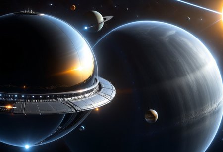 ultra realistic, sunlight from side
Perry Rhodan, spherical bullet Spaceship with ring bead, metallic surface, high reflections
background (andromeda, some planets with moons, satellits and friendly spaceships, solar transmitter),