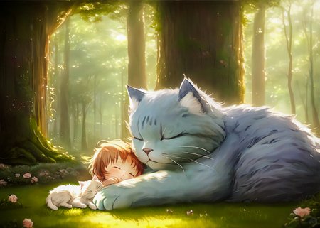 block Ghibli style paint depicting  (a tiny human and a cat, uwu) is sleeping cuddling with the (Giant adorable  fluffy  cat sleeping on all fours), in a magical forest , (closed eyes), blush:0.2,  posed character portrait design study,  backlit, light rays, highly detailed, trending on artstation, ((size different)), peaceful, cuddling, (smile, uwu), cozy