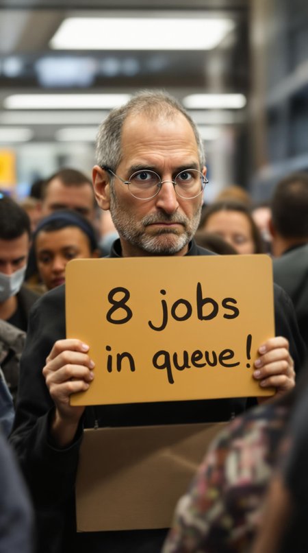 Steve Jobs is waiting in line with a sad face. Looking at viewer. holding a sign with words "8 jobs in queue!". Crowded