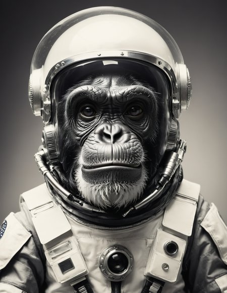a black and white vintage polaroid photo of an old chimpanzee wearing a futuristic astronaut glass helmet (hyper detailed, expressive,  award winning, high contrast, depth of field, highly dynamic, greyscale, intricate details, masterpiece, best quality:1.4), white and ivory hue, spaceship interior background, 
<lora:add-detail-xl:0.5> <lora:xl_more_art-full_v1:0.5> <lora:looking_at_viewer:2>