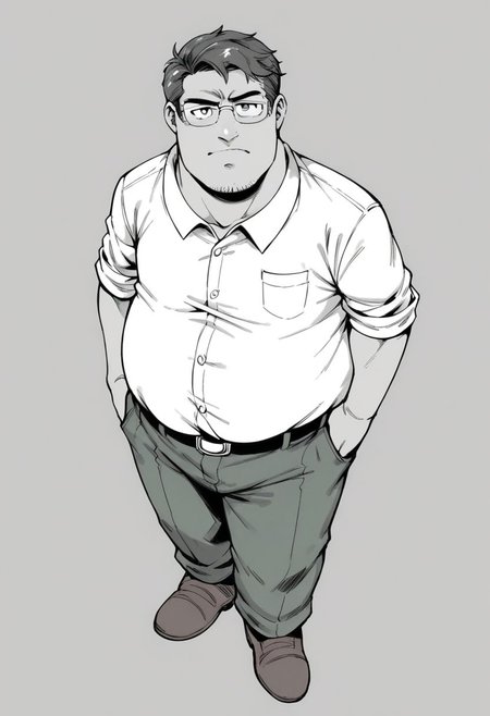 monochrome, grayscale, score_7_up, score_8_up, score_9_up, 1guy, male focus, solo, peter, fat, fat man, collared shirt, brown footwear, white shirt, belt, green pants, brown hair, glasses, simple background, looking at viewer