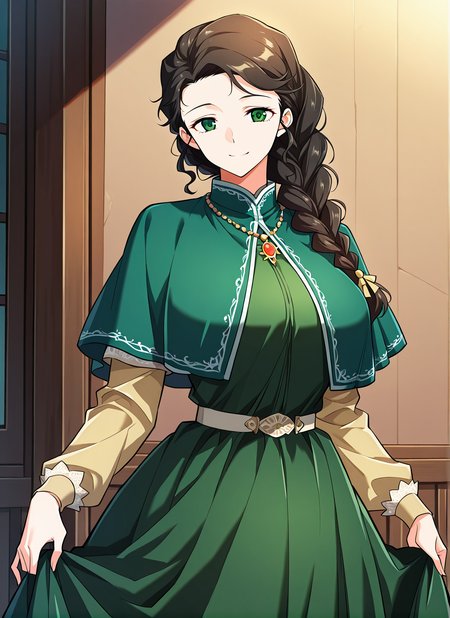 <lora:Silluria_Namaran__The_Greatest_Estate_Designer__Illustrious:1>
1 girl, solo, green eyes, brown hair, black hair, long hair, braid, single braid, braided ponytail, hair over shoulder
green dress, long sleeves, capelet, layered sleeves, short over long sleeves, necklace, jewelry, <lora:DetailedEyes_V3:1>
score_9, score_8_up, score_7_up, very aesthetic, source_anime, detailed, high quality, beautiful, masterpiece, detailed eyes,(perfect female body:1.2), small waist, (incredibly detailed:1.4), slim, beautiful fingers, beautiful skin, looking at viewer, breasts, skirt hold, large breasts, long sleeves, smile, garden backgroun