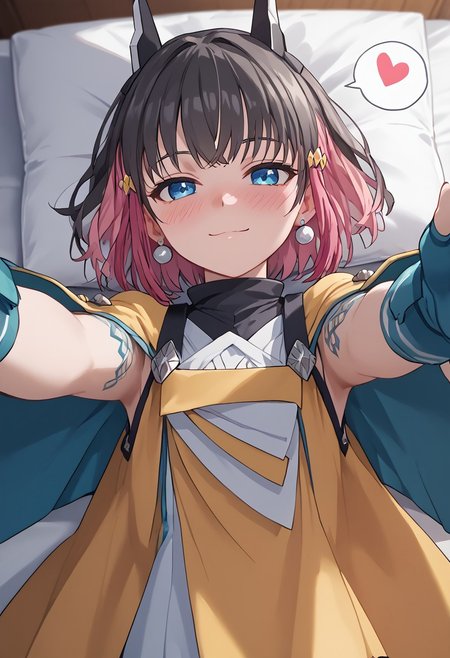 score_4,score_5,score_6,score_7_up,score_8_up,score_9 ((masterpiece,best quality,ultra detailed,highres,HD,4k:1.2)), 
1girl, solo,solo focus,girl focus,face focus,
multicolored hair,short hair,black hair,pink hair,blue eyes,tattoo,sidelocks,black head gear,black head ornaments,earrings,small breast,
yellow cape,white shirt,fingerless gloves,
 pov,from front,front angle,front view, On the bed, ((lying down,With the pillow at the head,incoming hug,hug,Open your arms, Reaching out to the viewer,,)), Embarrassed, shy, smile, ((Squinting, jitome, half-closing eyes,:1.1)),full face blush,closed mouth,spoken heart,