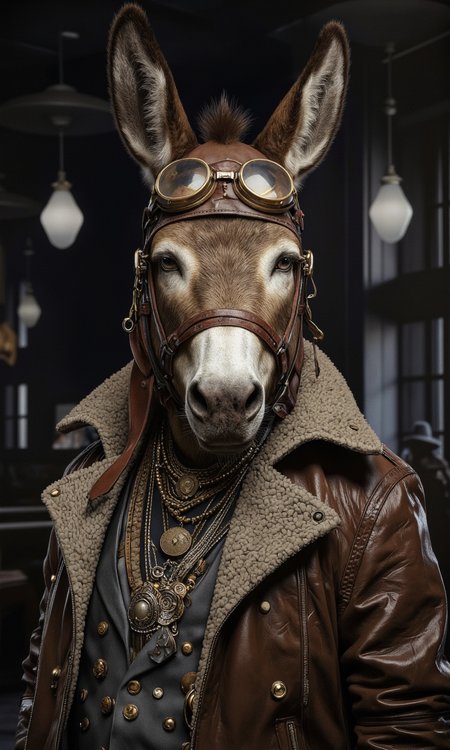 ZooPolis art.
This is a high-quality digital photograph featuring a realistic, anthropomorphic donkey with a serious expression. The donkey is wearing a vintage aviator helmet with goggles perched on its head, a rugged leather jacket with brass buttons, and multiple necklaces, including a large, ornate pendant. The background is dark and blurred, emphasizing the subject. The image employs the rule of thirds, with the donkey's face positioned in the center, drawing attention to its detailed fur texture and expressive eyes. The lighting is soft and even, highlighting the textures and colors. The camera settings likely include a low aperture (around f/2.8) for a shallow depth of field, and an ISO of 100 to maintain image clarity. The overall aesthetic quality is very high, with a captivating blend of realism and fantasy.