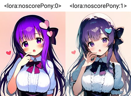 1girl, <lora:noscorePony:0>, blush, bow, breasts, hair bow, hair ornament, hand up, heart, long hair, looking at viewer, open mouth, purple eyes, purple hair, ribbon, simple background, solo, upper body