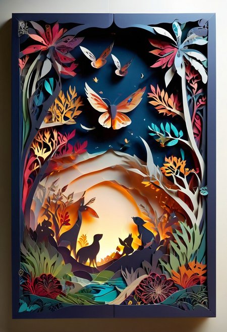 3D papercut shadow box of a parallel universe where animals have evolved to use technology, Patchwork Style, layered, dimensional, depth, silhouette, shadow, handmade, by various contemporary artists. 
concept-art, fantasy, epic, majestic, magical, dreamy, perspective, light and shadow, moody, epic, 
beautiful, painterly, aesthetic, textural, vivid, vibrant, intricate details, highly detailed, ultra-detailed, absurdres, 
aid291, ptchkrawk , Jed-pprct
