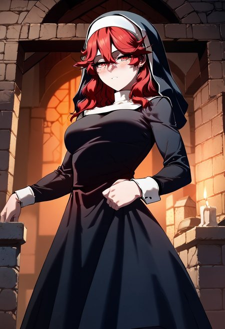 score_9, score_8_up, score_7_up, score_9, score_8_up, score_7_up,Masterpiece,HD,(((HD quality))), (((ultra quality))), hyper ultra detailed, hyper ultra quality,solo,mature female,
<lora:StS_PonyXL_Detail_Slider_v1.4_iteration_3:3>,
Background dungeon, bricks, filth on the walls, anime font,from below, looking at the viewer,indoors,
1girl, detailed, perfect arms, perfect face, perfect hands,alone ,blushed, very blushed,
BREAK
breasts perky,curvy, waist, slim,  perfect anatomy, height, tall,perfect body, 
BREAK
red hair, red eyes, hair between eyes, freckles, orange eyes, long hair,
traditional nun, habit, black dress, long sleeves