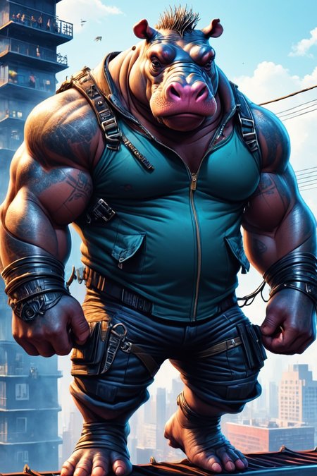 Detailed digital illustration of an anthro Hippopotamus (Tossing hair back, carefree attitude) at a Cyberpunk rooftop escape with zip lines, <lora:xl_more_art-full_v1:0.5>,  <lora:anthro_muscular:0.7> , <lora:madpunk:0.4> madpunk
