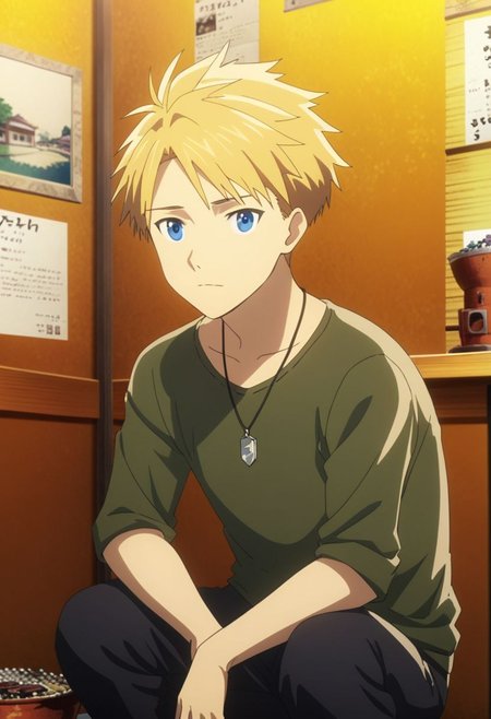 high resolution, professional photography, best quality, 1Boy, Yamato Ishida, blond hair, deep blue eyes, necklace, lofi, candid, squat, depth of field, photo model, looking at viewer, OverallDetail