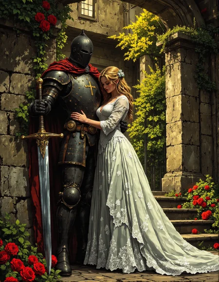 In a painterly style reminiscent of classical romantic art, depict a noble and tender scene: A knight in highly polished, dark full plate armor stands beside a fair lady in a flowing, ornate white gown. The knight's helmet obscures his face, adding to his imposing and stoic presence.  The lady, with her head gently bowed and soft features, wears a white gown with intricate lace-like details on the sleeves and skirt. She is positioned to the right of the knight and delicately places her hand on the hilt of a large, upright sword that the knight holds vertically, its point resting on the stone ground. An ornate cross emblem is visible on the knight's chest plate. They stand beside a weathered stone column or archway, partially overgrown with green ivy and foliage. The ground is stone-paved. The lighting is soft, diffused, and warm, highlighting the textures of the gown, armor, and stone. Capture the romantic, dignified, and slightly fairytale-like feel of a timeless, virtuous love, <lora:Vibrantly_Dark_style_v.1:0.3>, <lora:RetroAnimeFluxV1:0.35>, <lora:Dark Cinematic:0.8>, <lora:aidmaFLuxPro1.1_v0.3:0.6>, <lora:Cozy_Paradise:1>, <lora:- Flux1 - vanta_black_V2.0:0.7>