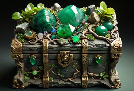 hyperrealistic, leprechaun, gnarled hands, meticulously sculpted, emerald, jade, peridot, malachite, quartz, dusty, ancient, treasure chest overflowing with gemstones, hidden cave, ray of sunlight
